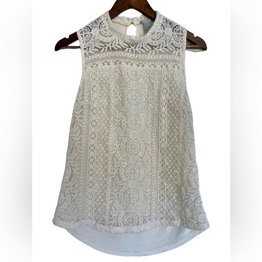 H&M Lace Overlay Eyelet Floral Sleeveless High Neck Blouse Ivory Small